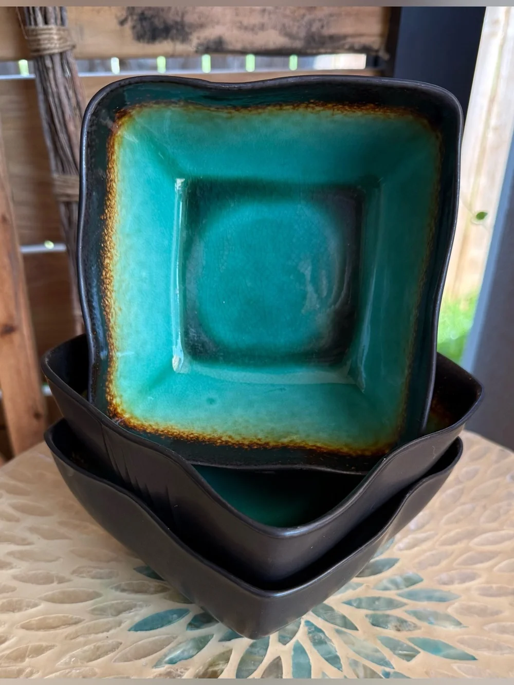 Set of 3 Baum Galaxy Jade Square Soup/Cereal Bowls Brown, green and gold